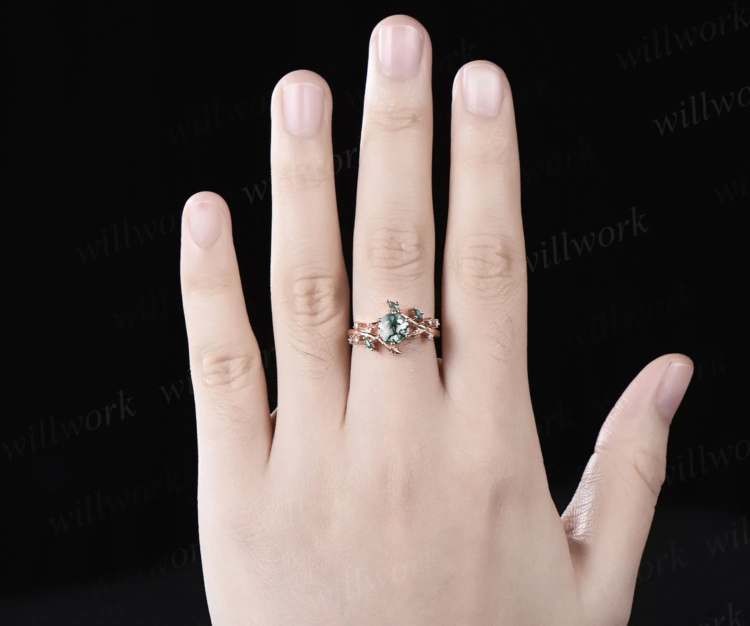 Unique Leaf Vine Moss Agate Engagement Ring Nature Inspired Twig Branch Wedding Ring 14k Rose Gold Moissanite Promise Ring Gifts sold by Willwork Jewelry product image thumbnail 2