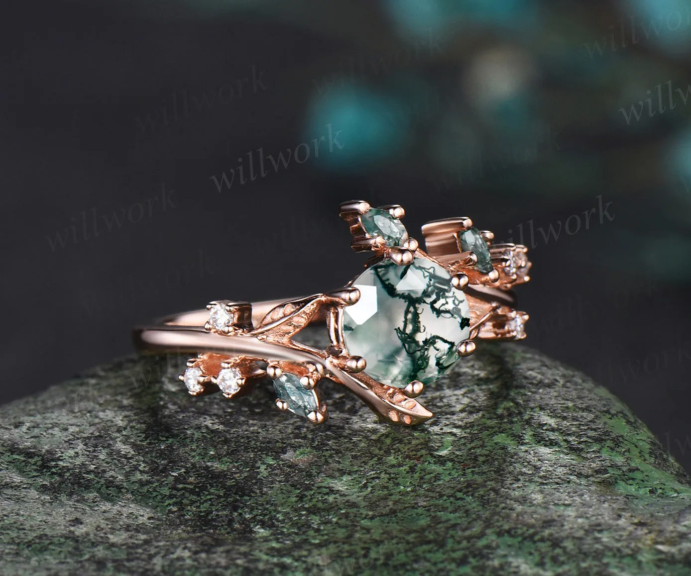 Unique Leaf Vine Moss Agate Engagement Ring Nature Inspired Twig Branch Wedding Ring 14k Rose Gold Moissanite Promise Ring Gifts sold by Willwork Jewelry product image thumbnail 5