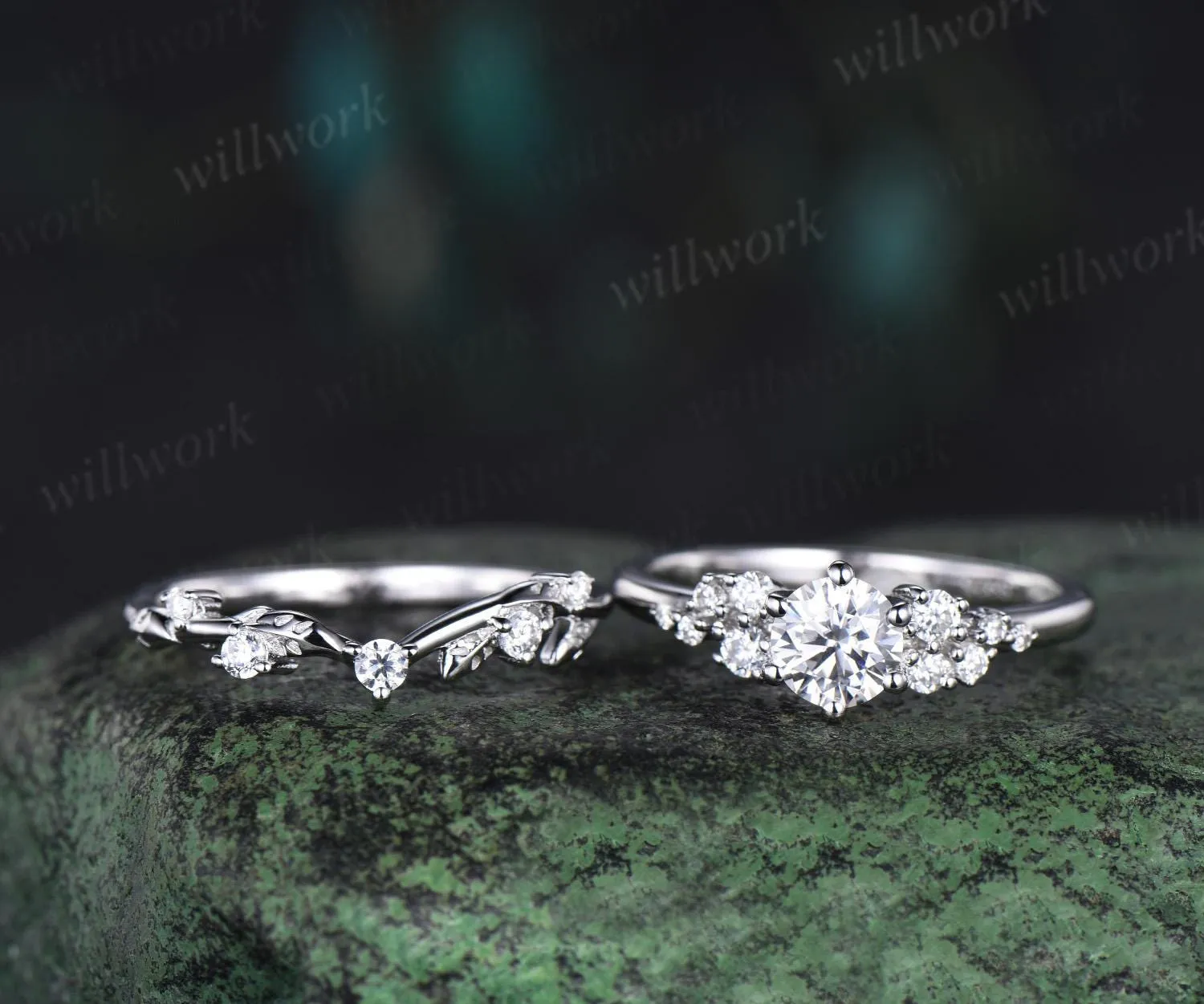 Round cut moissanite snowdrift engagement ring set 14k white gold stacking diamond wedding ring band women unique promise ring gift sold by Willwork Jewelry product image thumbnail 3