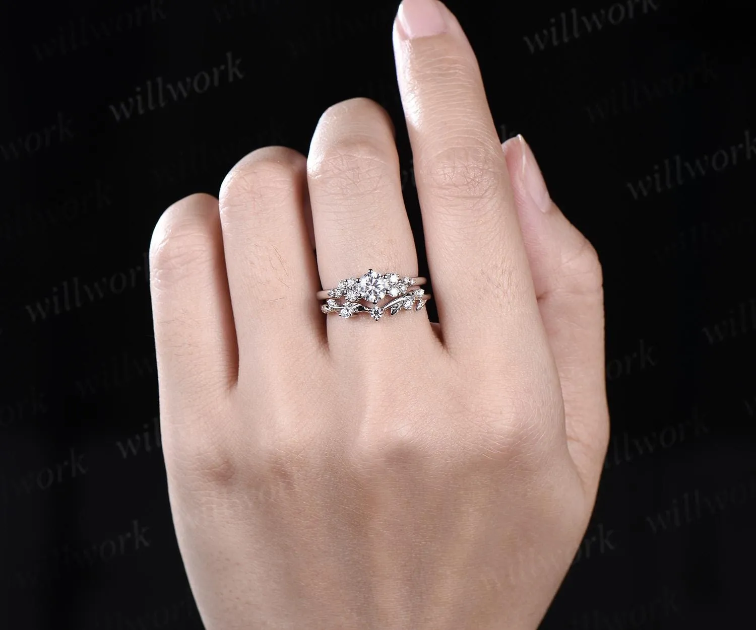 Round cut moissanite snowdrift engagement ring set 14k white gold stacking diamond wedding ring band women unique promise ring gift sold by Willwork Jewelry product image thumbnail 4
