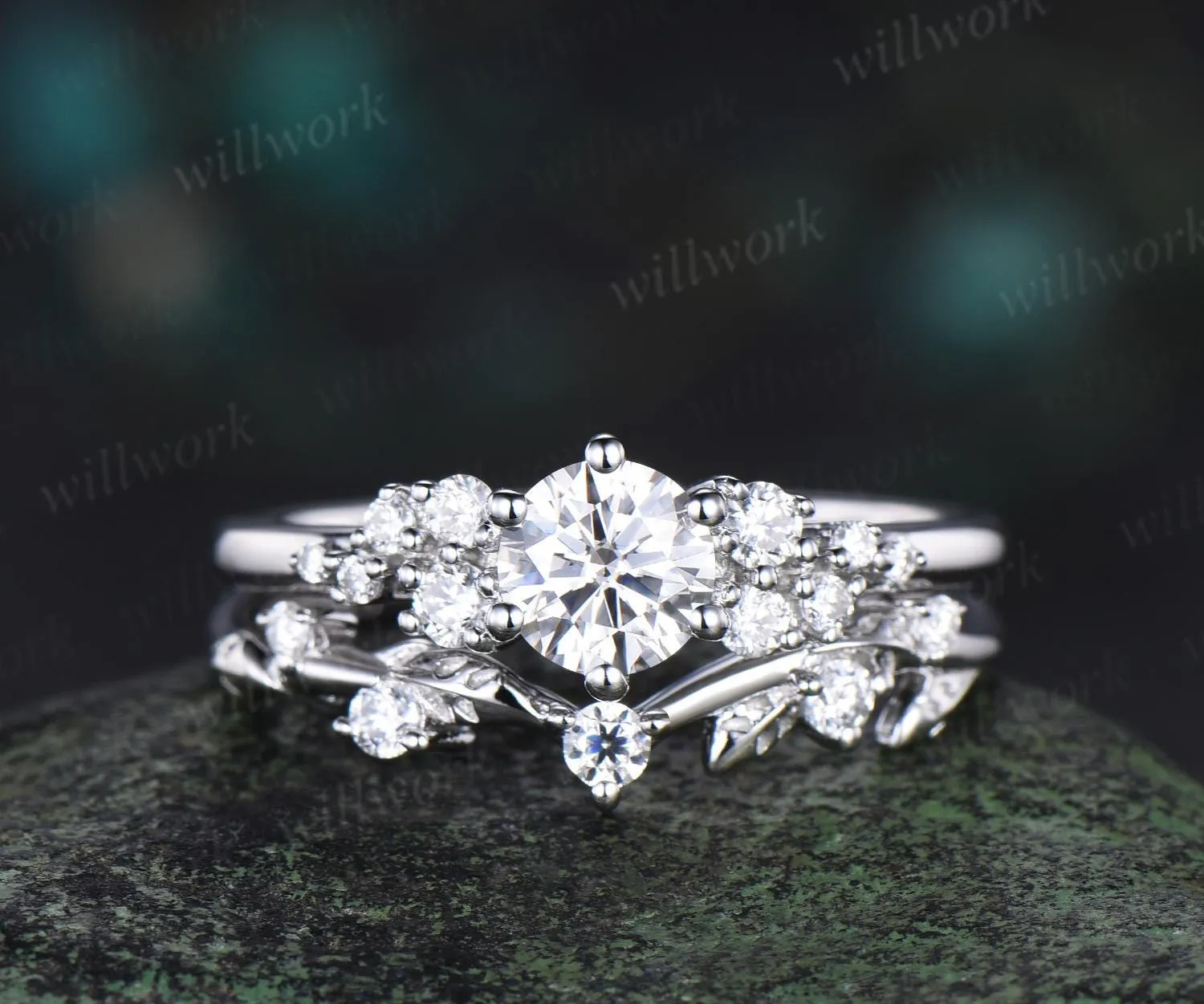 Round cut moissanite snowdrift engagement ring set 14k white gold stacking diamond wedding ring band women unique promise ring gift sold by Willwork Jewelry