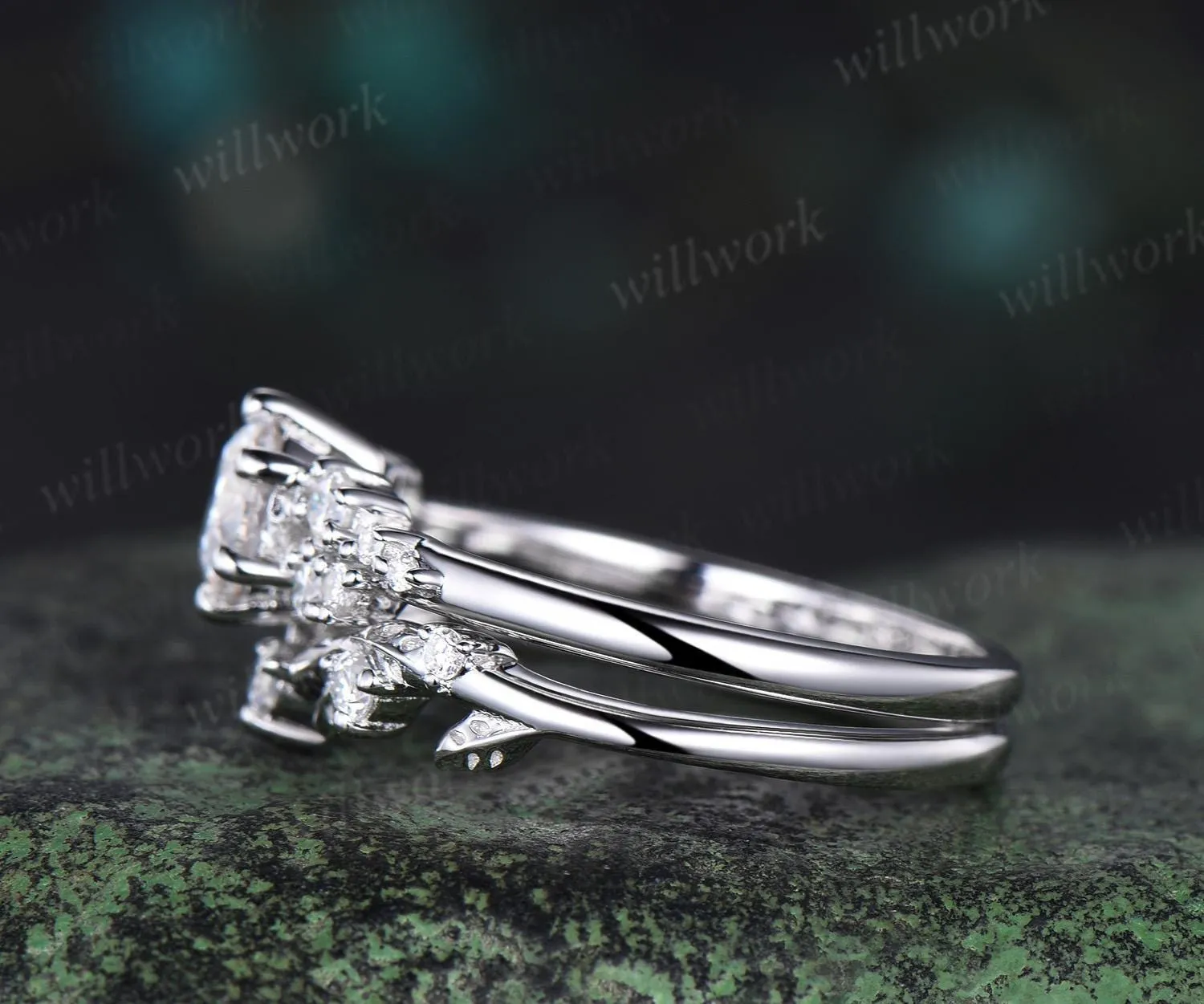 Round cut moissanite snowdrift engagement ring set 14k white gold stacking diamond wedding ring band women unique promise ring gift sold by Willwork Jewelry product image thumbnail 5