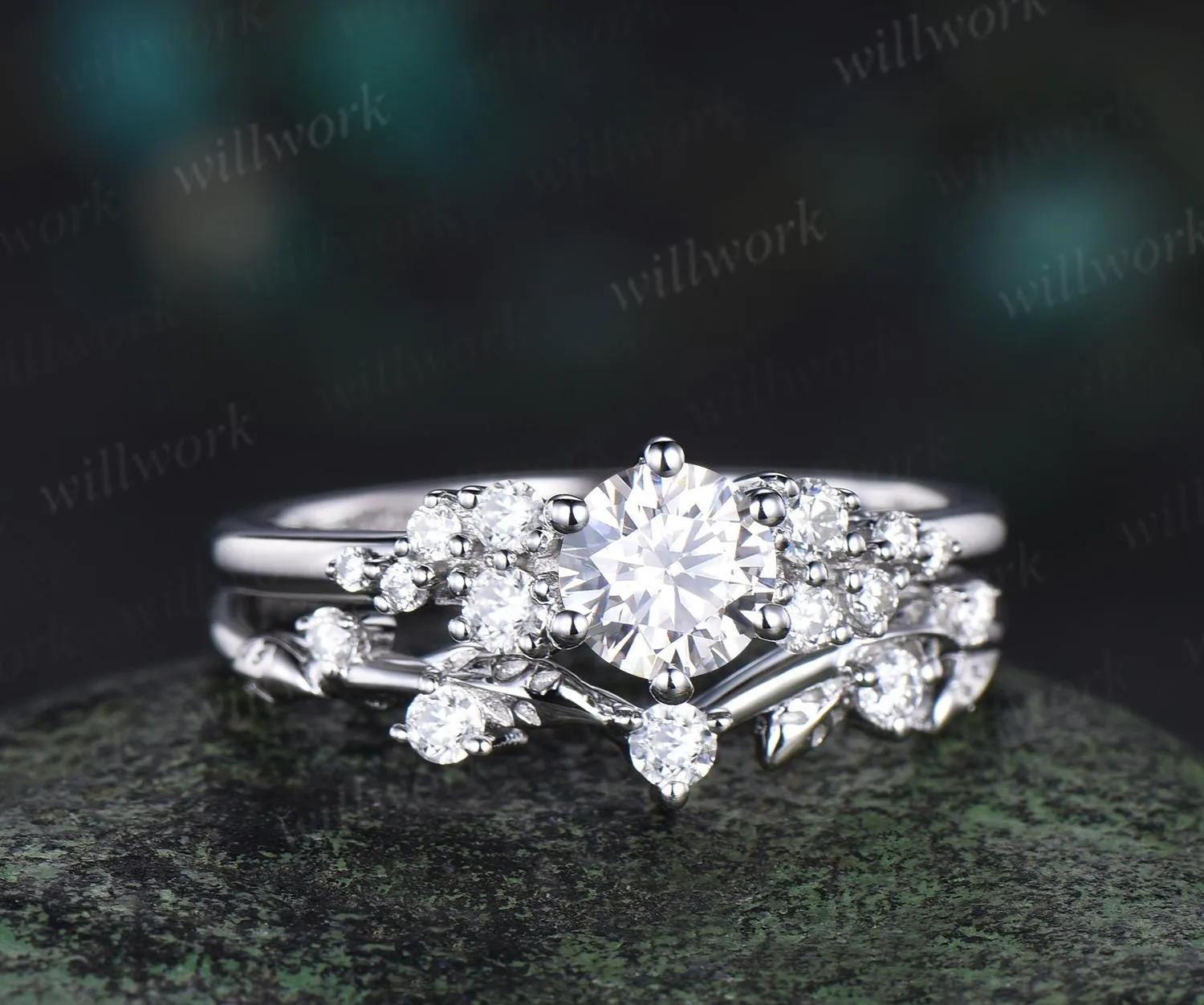 Round cut moissanite snowdrift engagement ring set 14k white gold stacking diamond wedding ring band women unique promise ring gift sold by Willwork Jewelry product image thumbnail 2