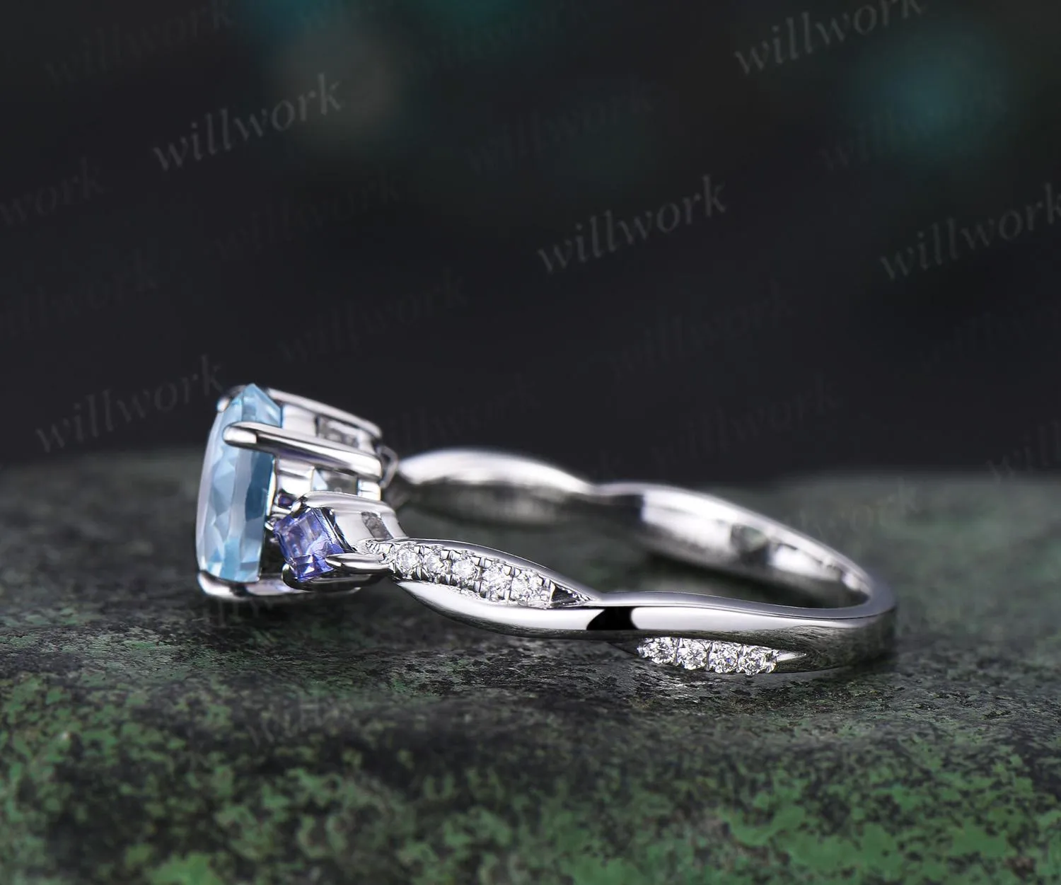 Vintage round cut aquamarine engagement ring 14k white gold kite Tanzanite ring twisted infinity diamond promise ring women sold by Willwork Jewelry product image thumbnail 5