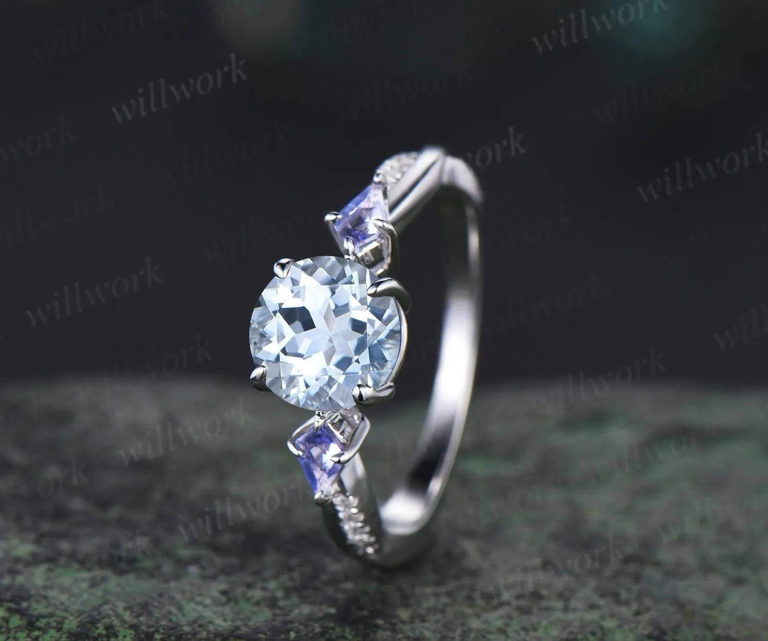 Vintage round cut aquamarine engagement ring 14k white gold kite Tanzanite ring twisted infinity diamond promise ring women sold by Willwork Jewelry product image thumbnail 2