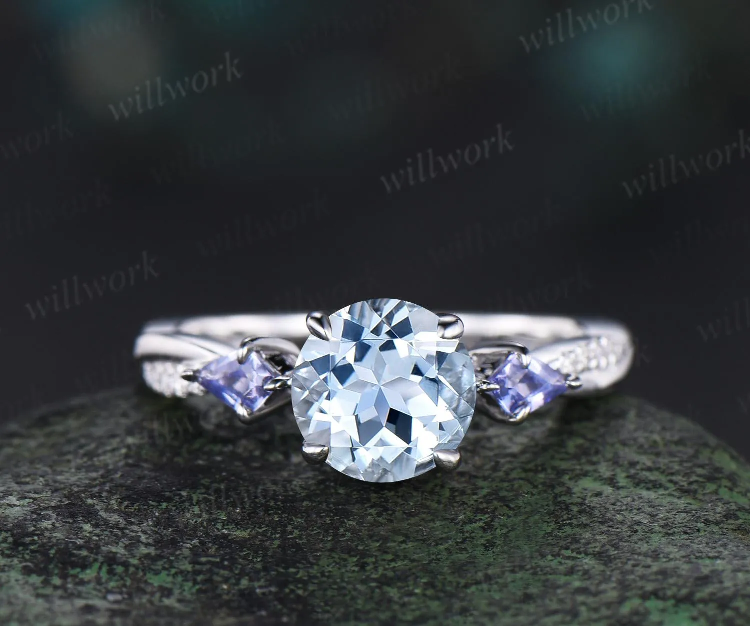 Vintage round cut aquamarine engagement ring 14k white gold kite Tanzanite ring twisted infinity diamond promise ring women sold by Willwork Jewelry product image thumbnail 3