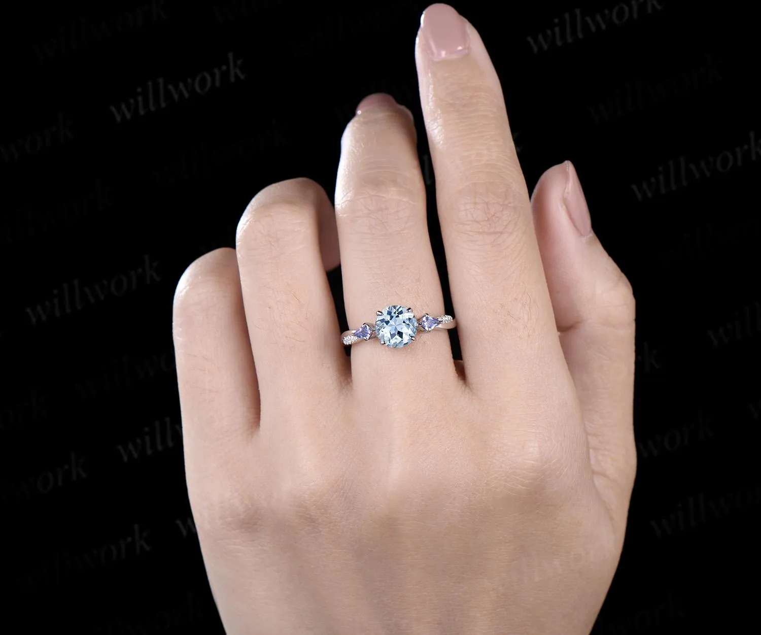 Vintage round cut aquamarine engagement ring 14k white gold kite Tanzanite ring twisted infinity diamond promise ring women sold by Willwork Jewelry product image thumbnail 4