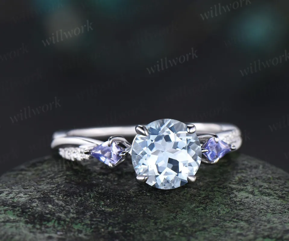 Vintage round cut aquamarine engagement ring 14k white gold kite Tanzanite ring twisted infinity diamond promise ring women sold by Willwork Jewelry