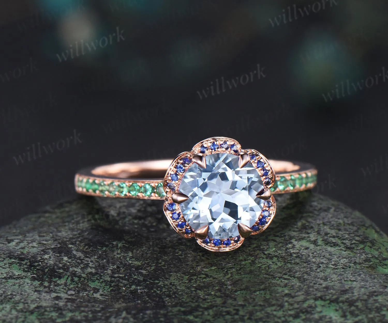Floral round aquamarine engagement ring rose gold hidden halo natural sapphire emerald ring vintage half eternity promise ring women jewelry sold by Willwork Jewelry product image thumbnail 3