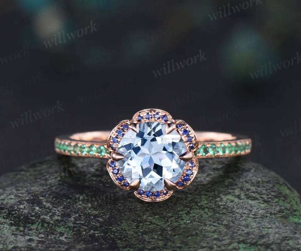 Floral round aquamarine engagement ring rose gold hidden halo natural sapphire emerald ring vintage half eternity promise ring women jewelry sold by Willwork Jewelry