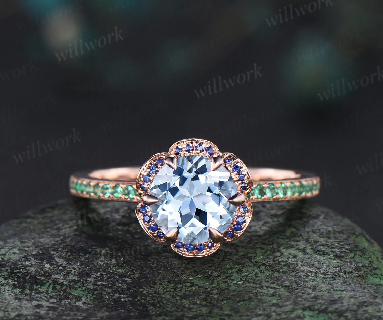 Floral round aquamarine engagement ring rose gold hidden halo natural sapphire emerald ring vintage half eternity promise ring women jewelry sold by Willwork Jewelry