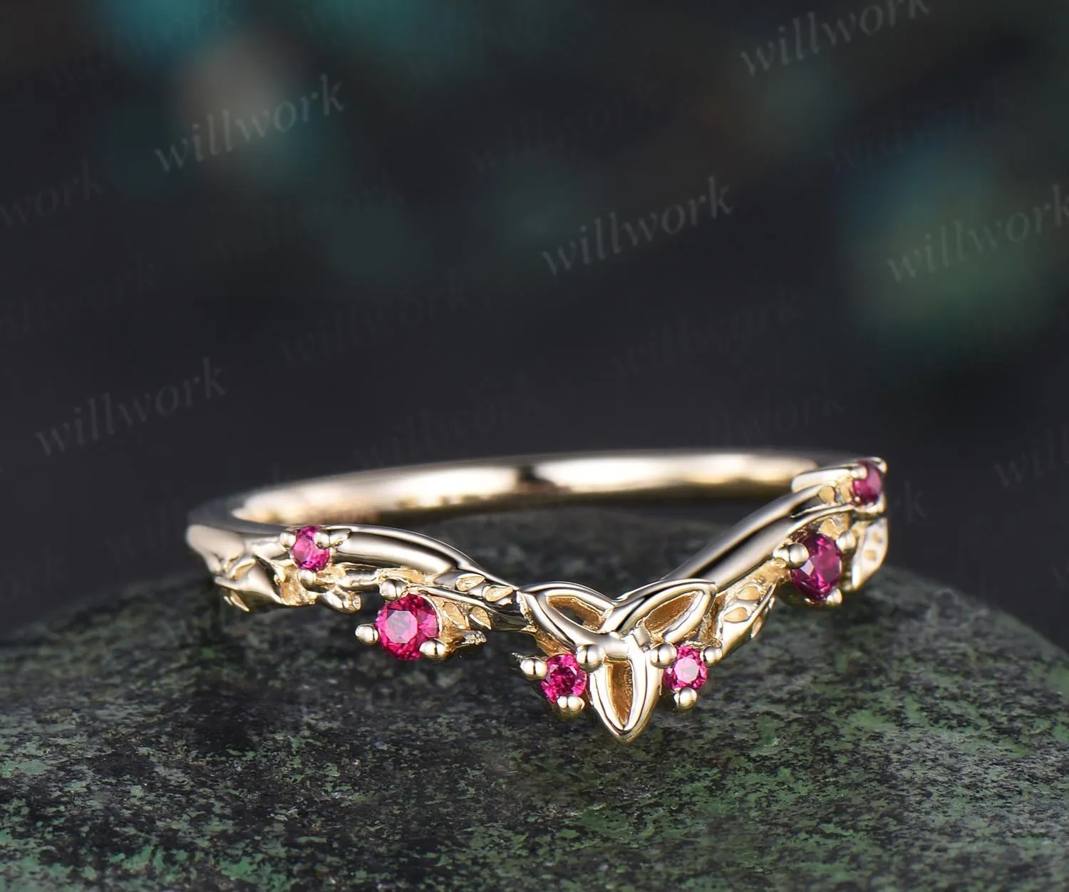 Celtic knot leaf natural ruby wedding band solid 14k yellow gold stacking matching bridal anniversary ring gift Norse Viking Jewelry sold by Willwork Jewelry product image thumbnail 2
