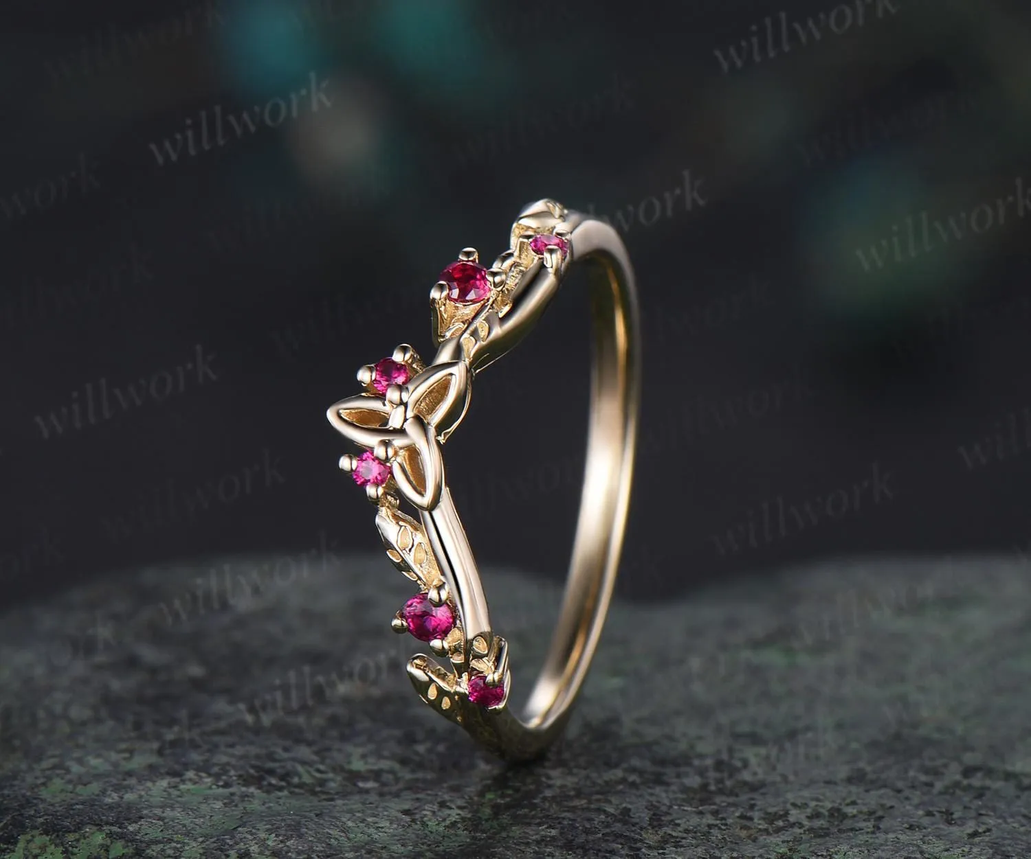 Celtic knot leaf natural ruby wedding band solid 14k yellow gold stacking matching bridal anniversary ring gift Norse Viking Jewelry sold by Willwork Jewelry product image thumbnail 3