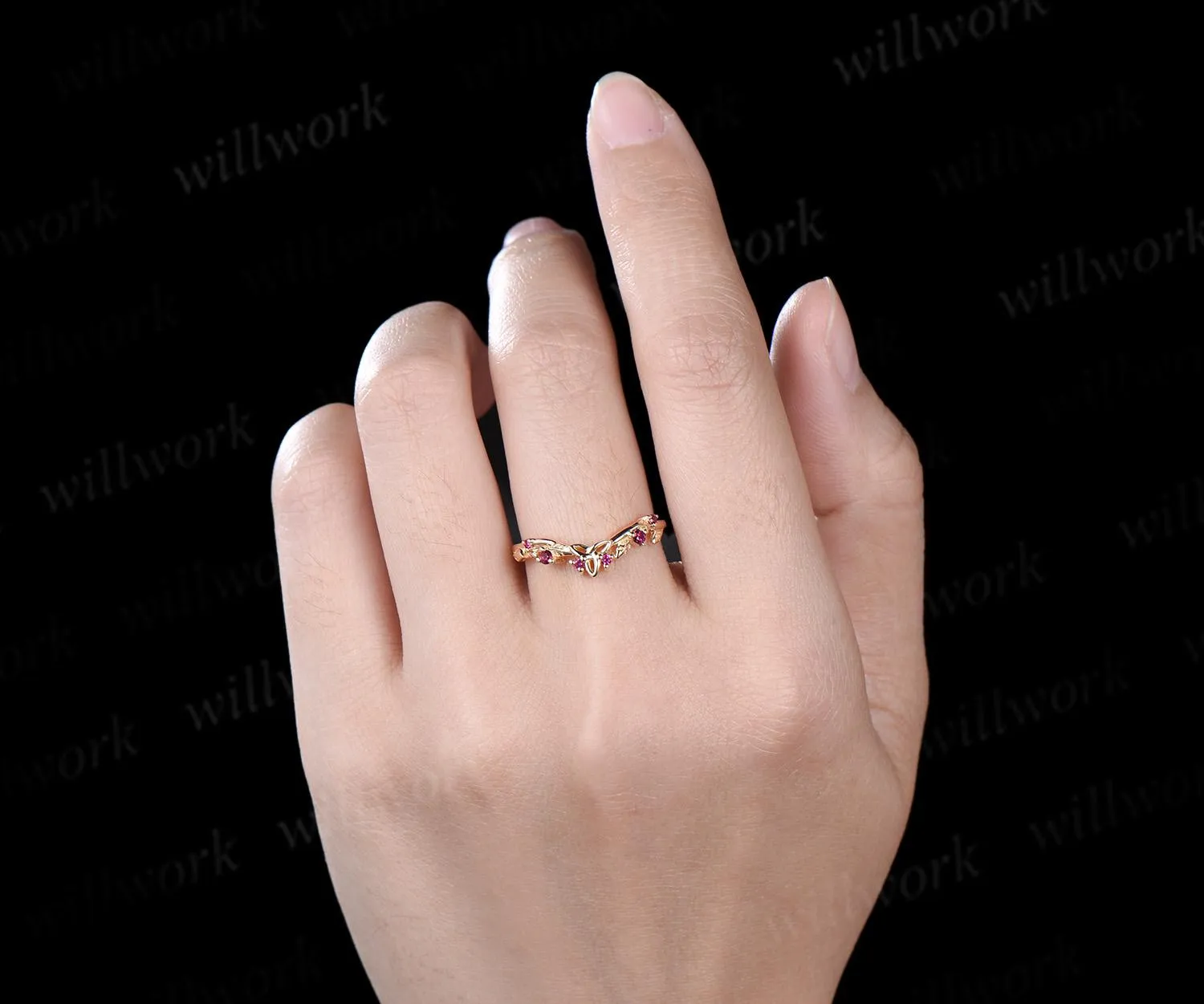 Celtic knot leaf natural ruby wedding band solid 14k yellow gold stacking matching bridal anniversary ring gift Norse Viking Jewelry sold by Willwork Jewelry product image thumbnail 4