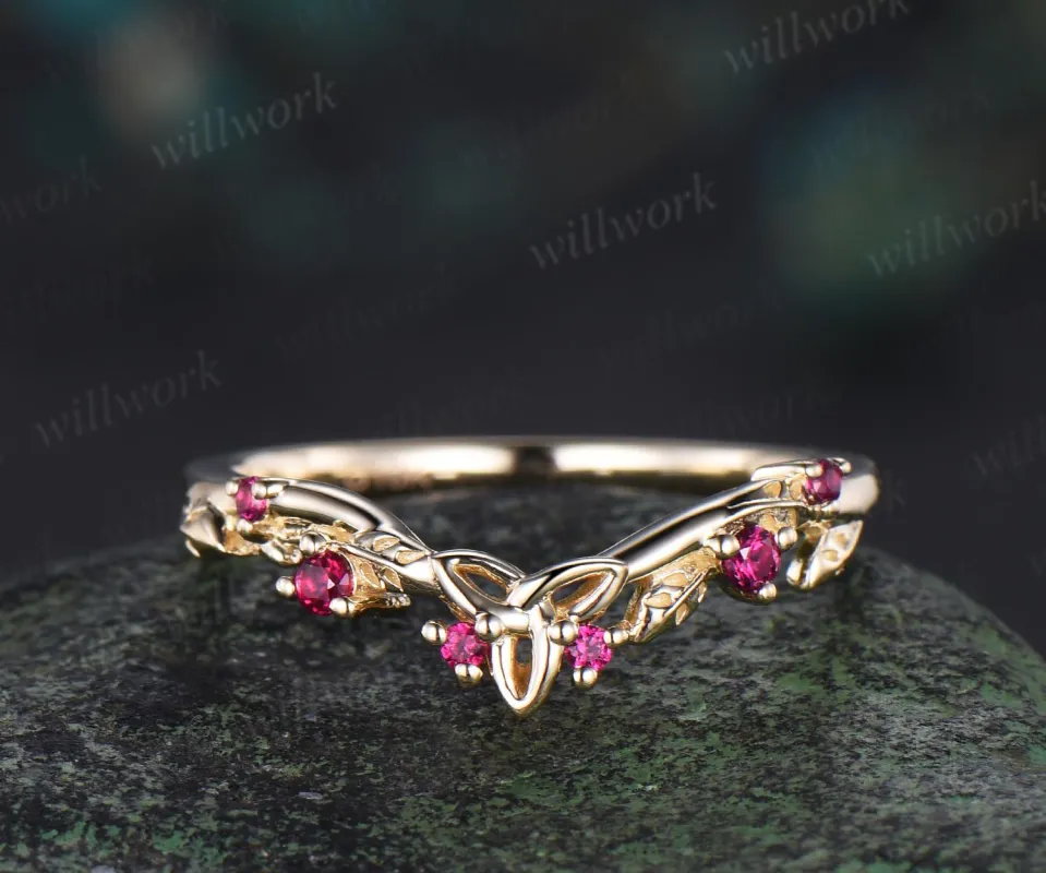 Celtic knot leaf natural ruby wedding band solid 14k yellow gold stacking matching bridal anniversary ring gift Norse Viking Jewelry made by Willwork Jewelry