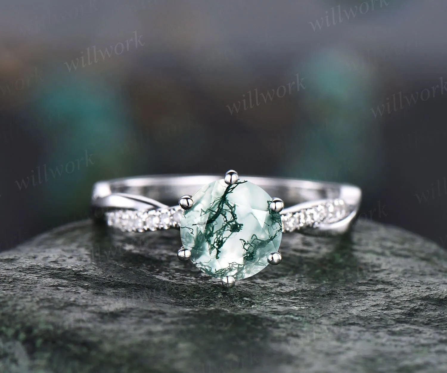 Unique round cut green moss agate engagement ring 14k white gold 3/4 eternity twisted diamond ring vintage promise wedding ring for women sold by Willwork Jewelry