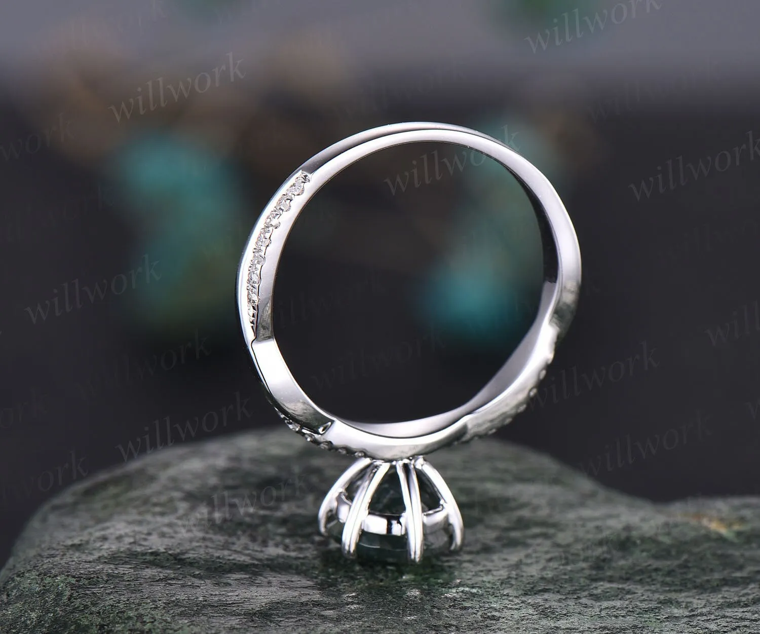 Unique round cut green moss agate engagement ring 14k white gold 3/4 eternity twisted diamond ring vintage promise wedding ring for women sold by Willwork Jewelry product image thumbnail 5