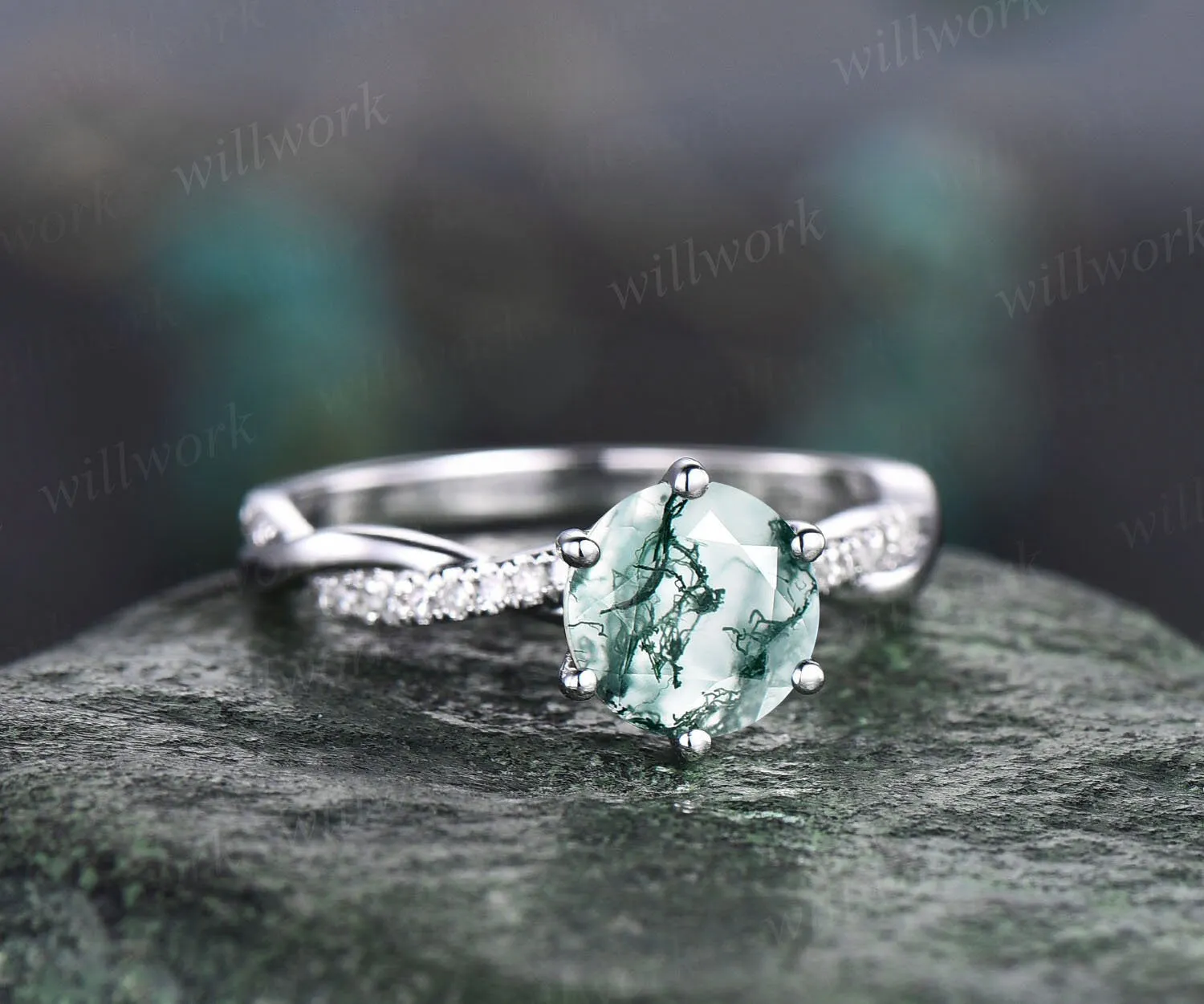 Unique round cut green moss agate engagement ring 14k white gold 3/4 eternity twisted diamond ring vintage promise wedding ring for women sold by Willwork Jewelry product image thumbnail 2