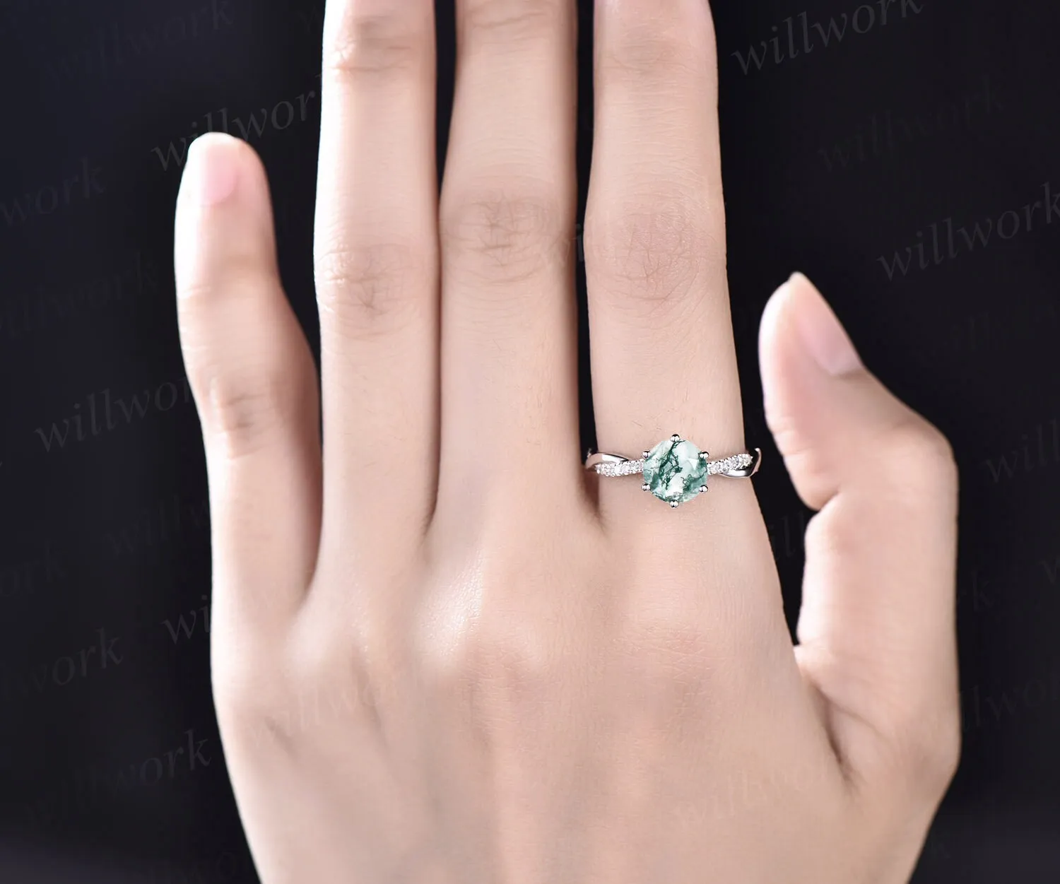 Unique round cut green moss agate engagement ring 14k white gold 3/4 eternity twisted diamond ring vintage promise wedding ring for women sold by Willwork Jewelry product image thumbnail 3