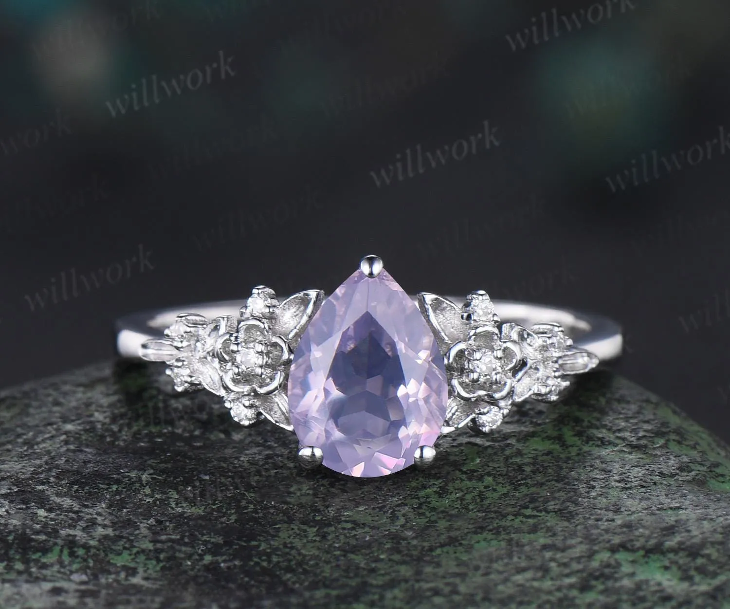 Pear shaped Lavender Amethyst leaf floral engagement ring set white gold nature inspired diamond ring vintage anniversary gift sold by Willwork Jewelry product image thumbnail 5