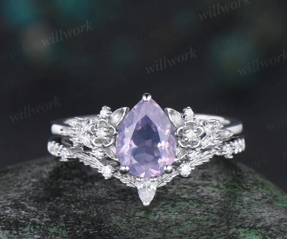 Pear shaped Lavender Amethyst leaf floral engagement ring set white gold nature inspired diamond ring vintage anniversary gift sold by Willwork Jewelry