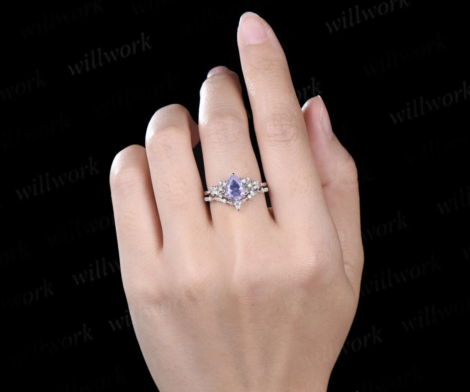 Pear shaped Lavender Amethyst leaf floral engagement ring set white gold nature inspired diamond ring vintage anniversary gift sold by Willwork Jewelry product image thumbnail 4
