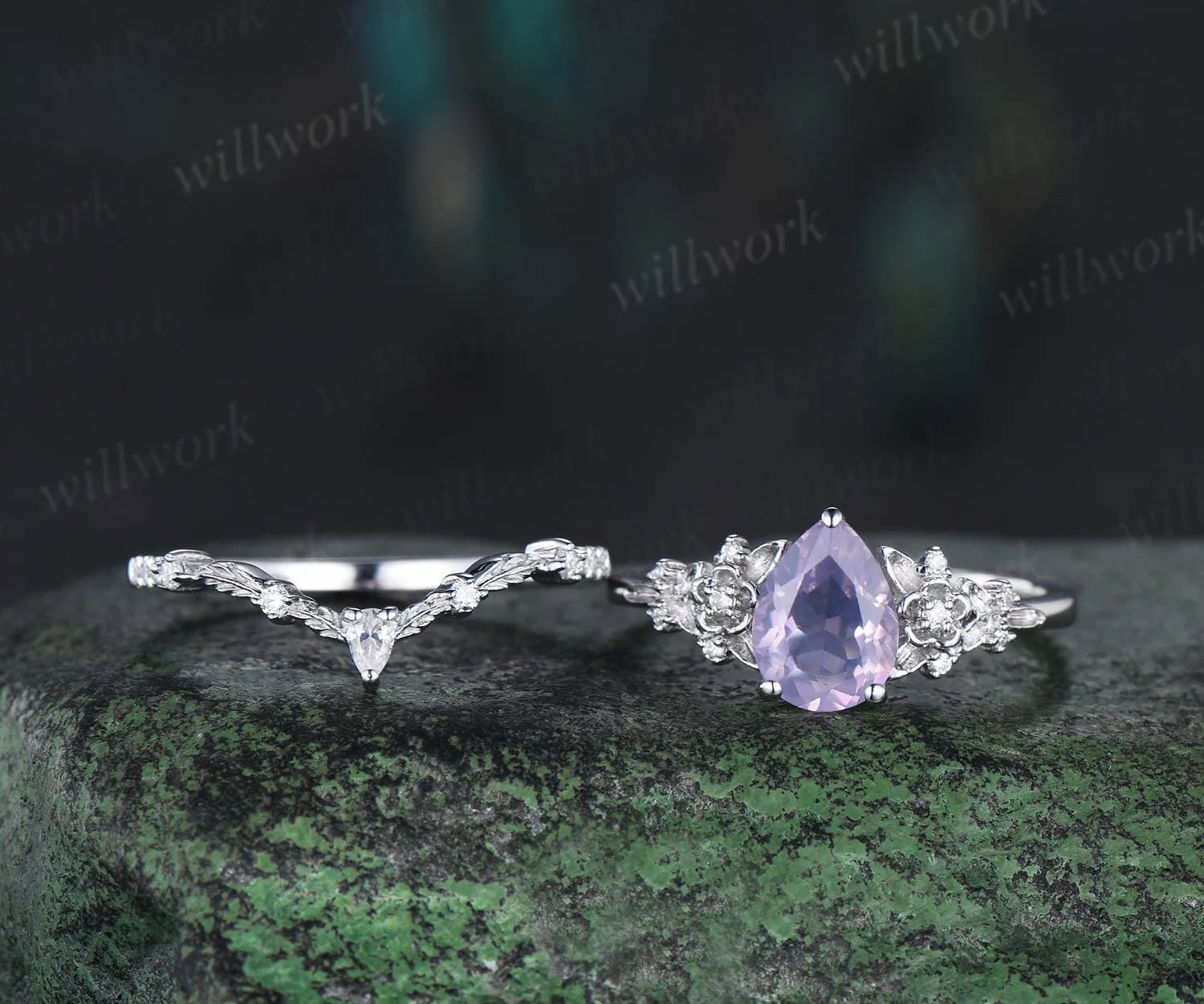 Pear shaped Lavender Amethyst leaf floral engagement ring set white gold nature inspired diamond ring vintage anniversary gift sold by Willwork Jewelry product image thumbnail 3