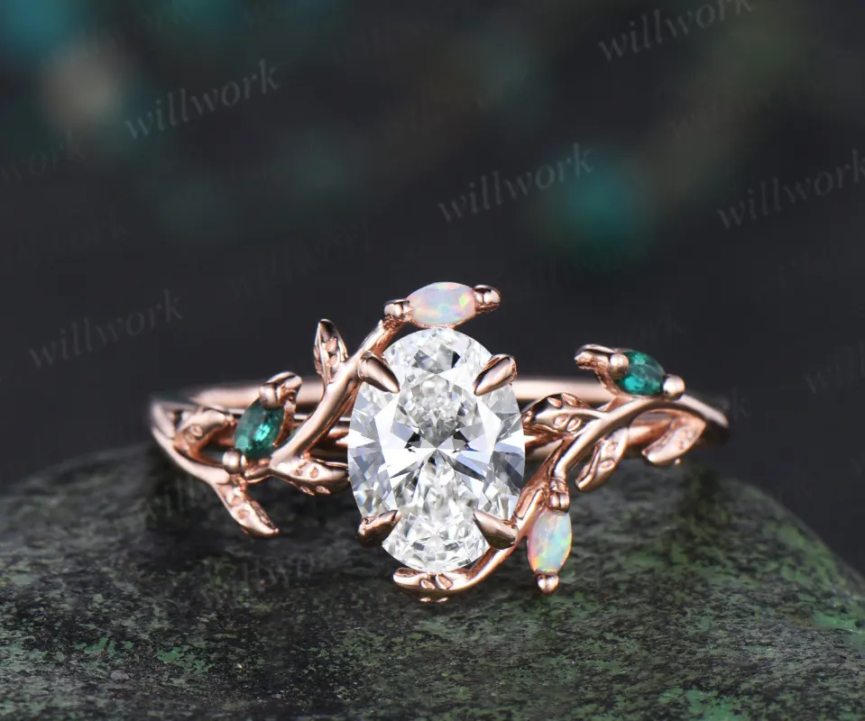 Oval cut IGI Certified lab-grown diamond leaf engagement ring solid rose gold opals emeralds ring nature inspired wedding ring promise anniversary gifts made by Willwork Jewelry