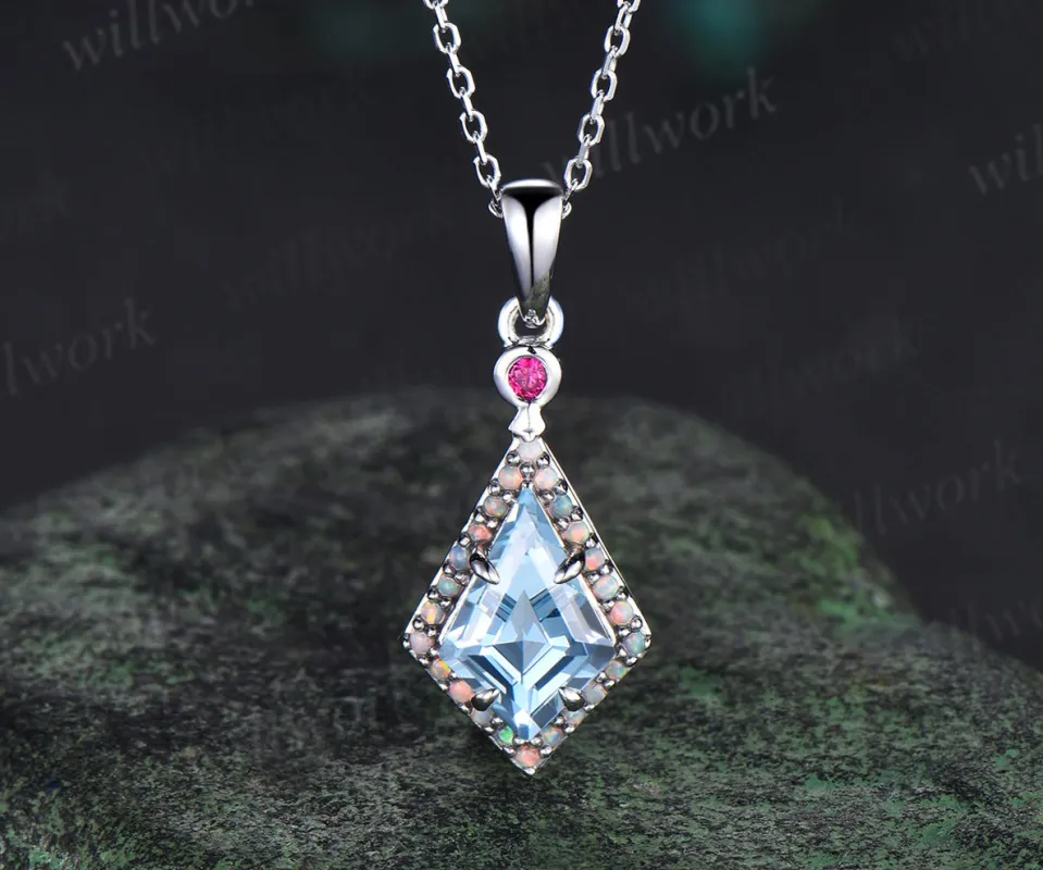 Kite cut aquamarine opal halo pendant necklace ruby accent pendant March birthstone jewelry mother anniversary gifts sold by Willwork Jewelry