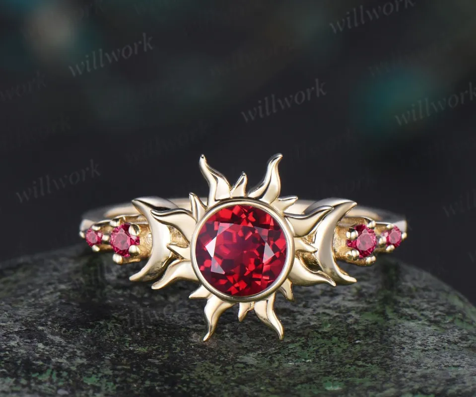 Vintage round cut red ruby sun engagement ring bezel halo solid 14k yellow gold five stone moon unique wedding bridal ring women made by Willwork Jewelry