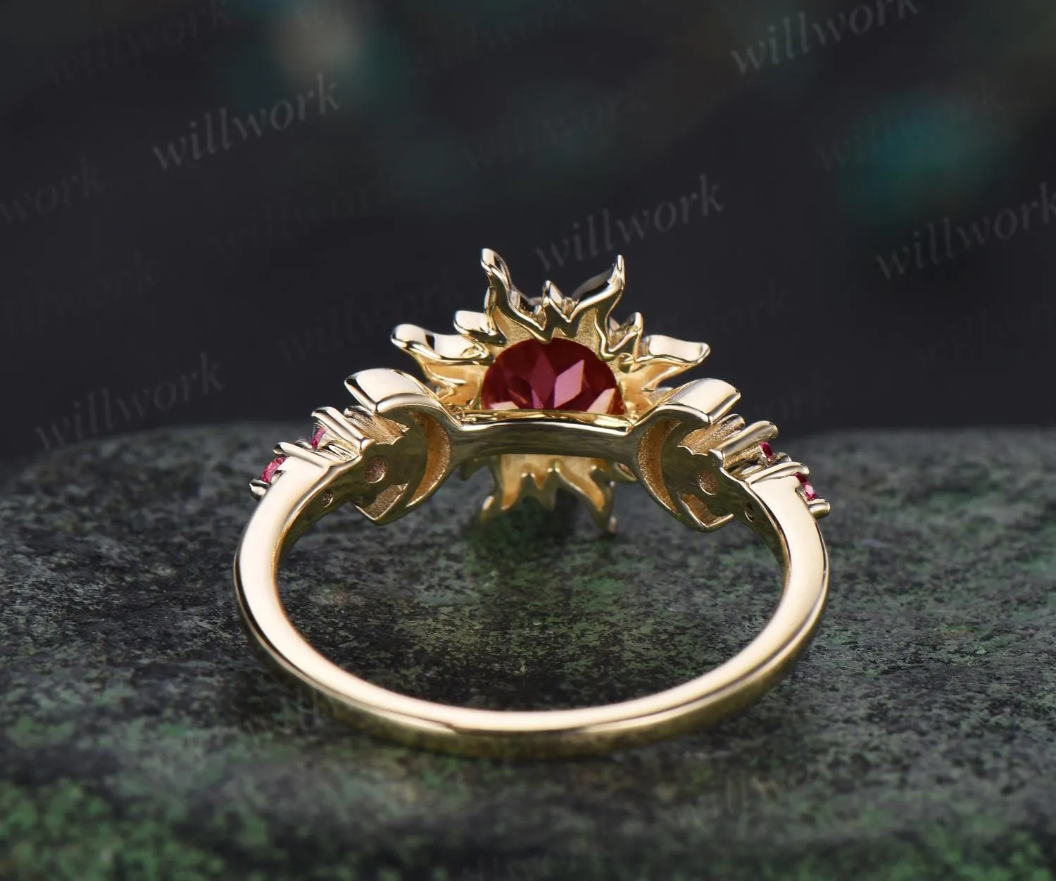 Vintage round cut red ruby sun engagement ring bezel halo solid 14k yellow gold five stone moon unique wedding bridal ring women sold by Willwork Jewelry product image thumbnail 5