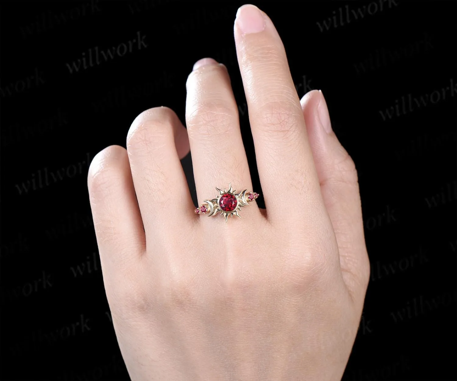 Vintage round cut red ruby sun engagement ring bezel halo solid 14k yellow gold five stone moon unique wedding bridal ring women sold by Willwork Jewelry product image thumbnail 3