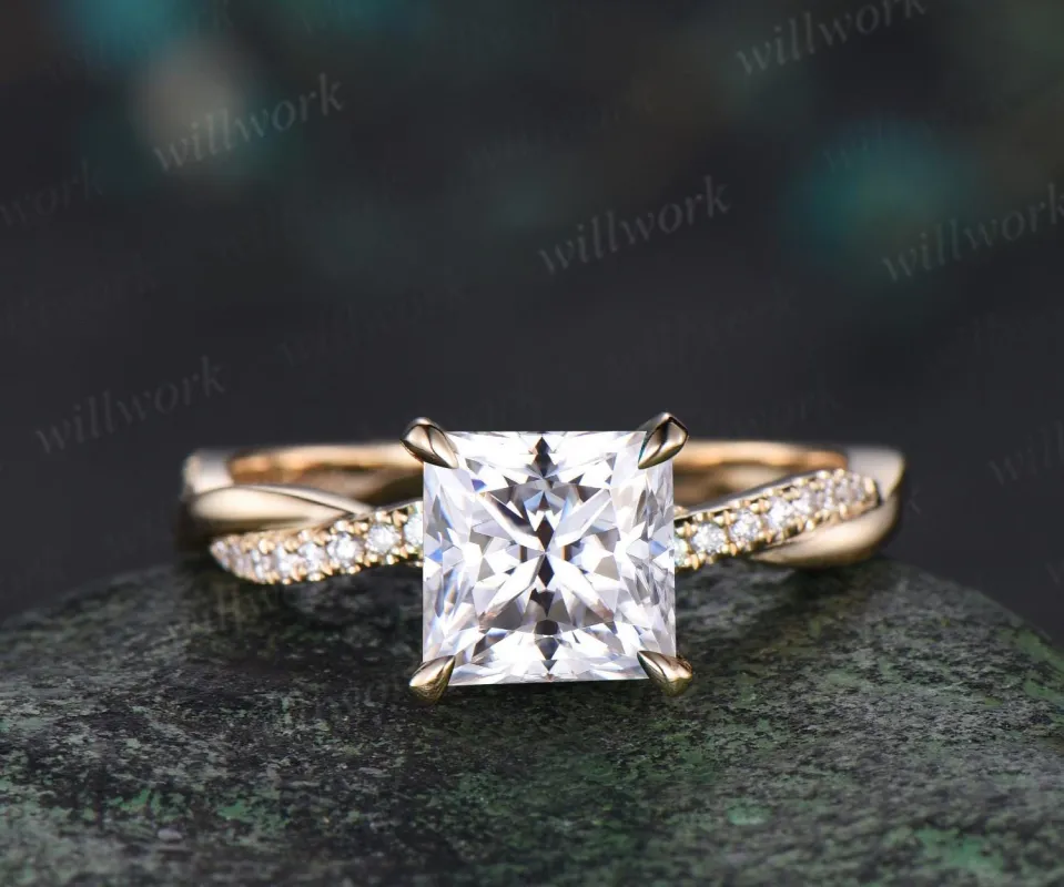 Princess cut moissanite engagement ring 14k yellow gold 3/4 eternity twisted diamond ring vintage wedding promise ring women made by Willwork Jewelry