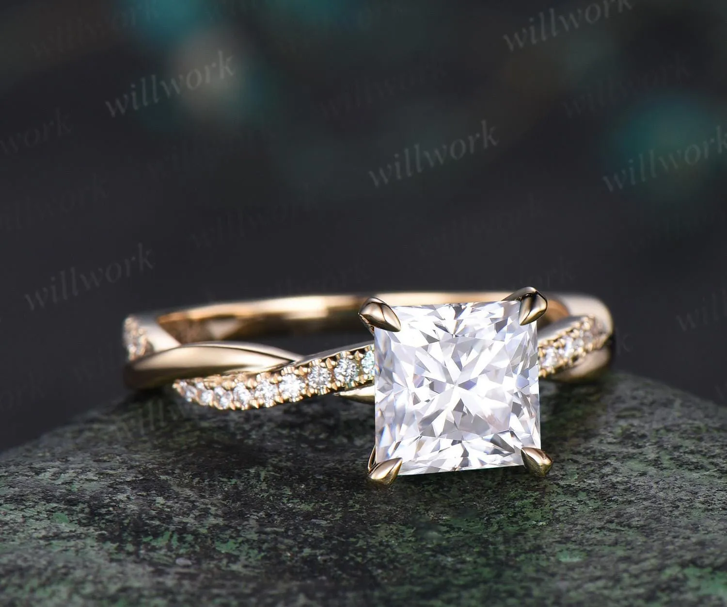 Princess cut moissanite engagement ring 14k yellow gold 3/4 eternity twisted diamond ring vintage wedding promise ring women sold by Willwork Jewelry product image thumbnail 2