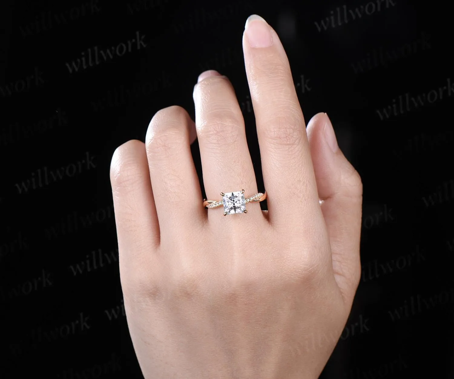 Princess cut moissanite engagement ring 14k yellow gold 3/4 eternity twisted diamond ring vintage wedding promise ring women sold by Willwork Jewelry product image thumbnail 3