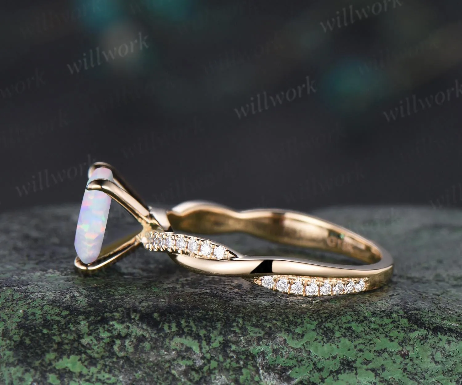 Square white opal engagement ring vintage infinity twisted diamond 3/4 eternity anniversary ring solid 14k yellow gold dainty retro gift sold by Willwork Jewelry product image thumbnail 4