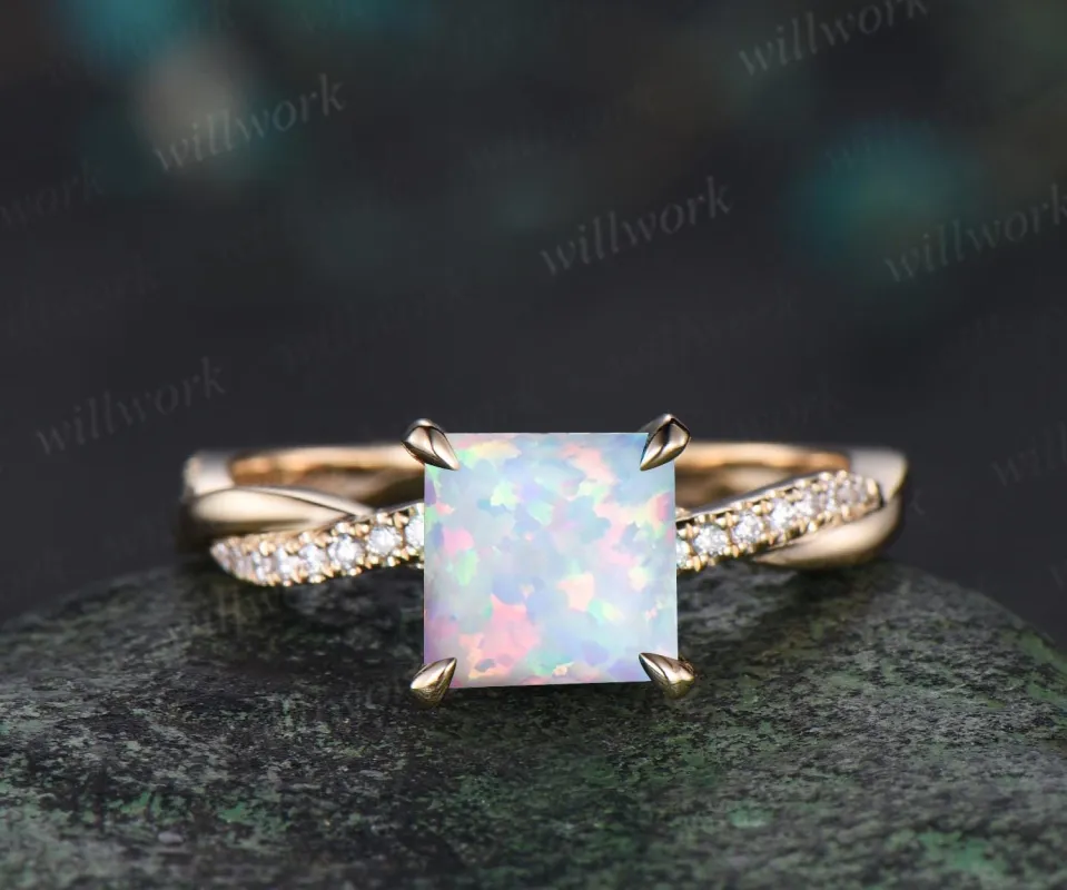 Square  white opal engagement ring vintage infinity twisted diamond 3/4 eternity anniversary ring solid 14k yellow gold dainty retro gift made by Willwork Jewelry