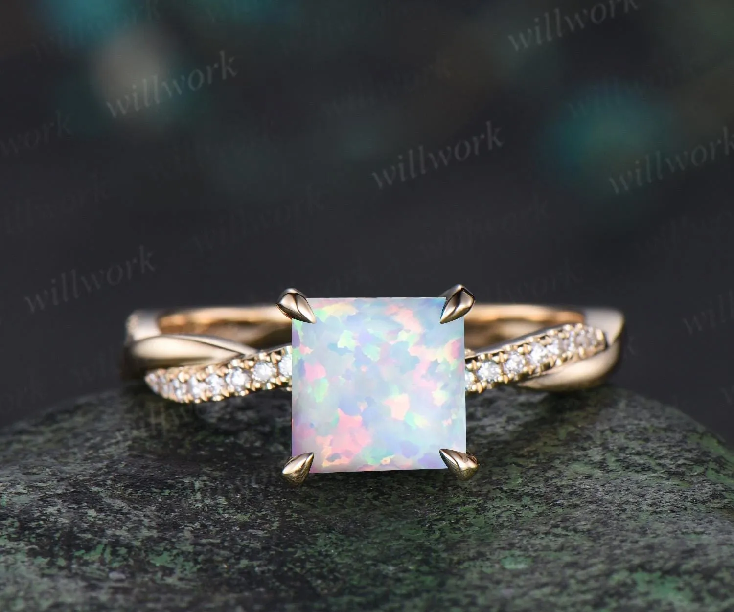 Square white opal engagement ring vintage infinity twisted diamond 3/4 eternity anniversary ring solid 14k yellow gold dainty retro gift sold by Willwork Jewelry