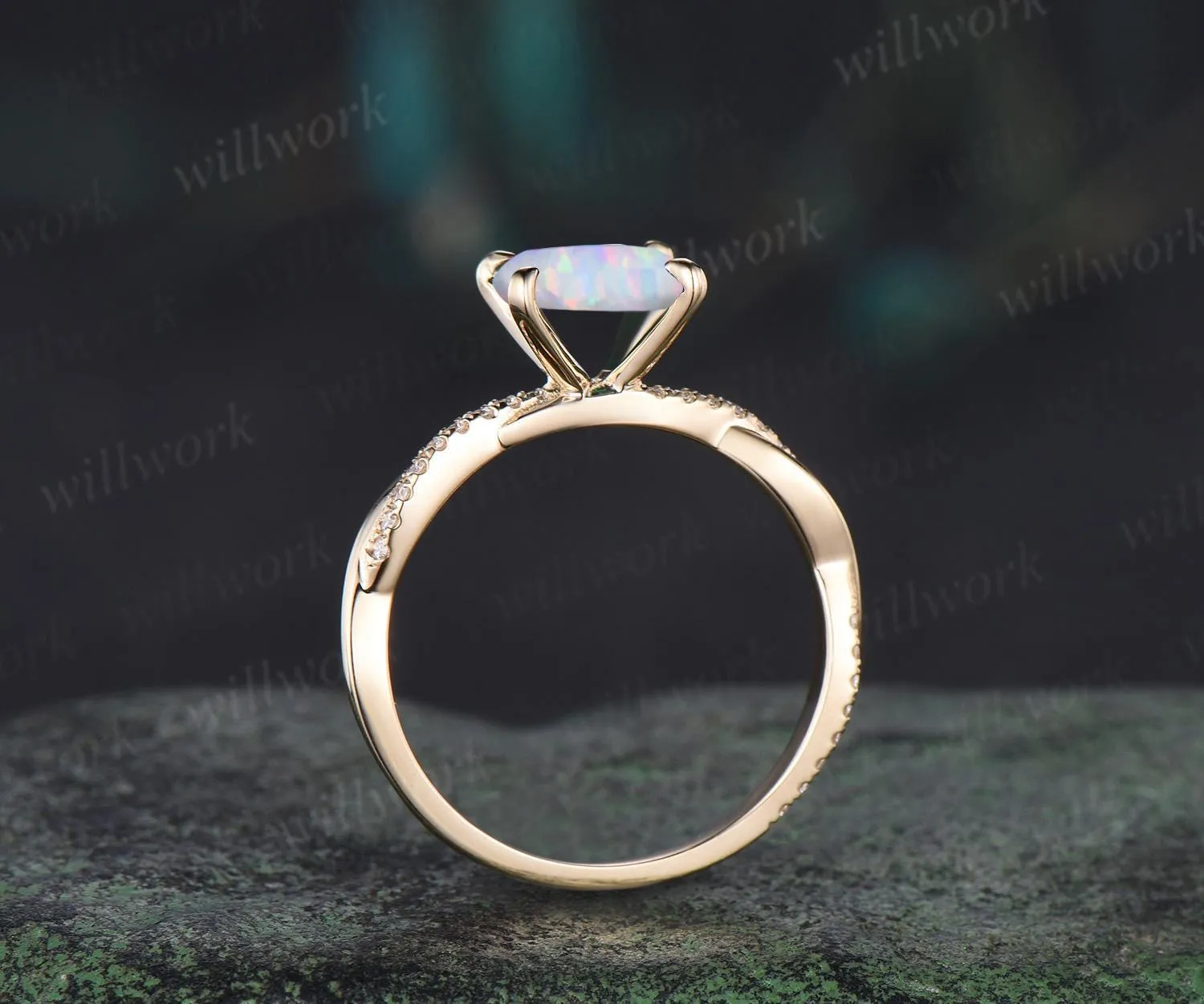 Square white opal engagement ring vintage infinity twisted diamond 3/4 eternity anniversary ring solid 14k yellow gold dainty retro gift sold by Willwork Jewelry product image thumbnail 5