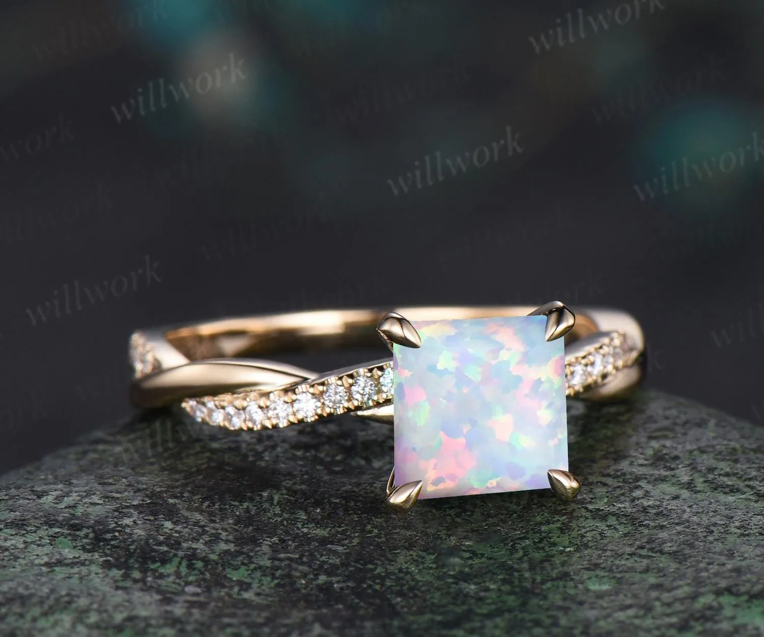 Square white opal engagement ring vintage infinity twisted diamond 3/4 eternity anniversary ring solid 14k yellow gold dainty retro gift sold by Willwork Jewelry product image thumbnail 2