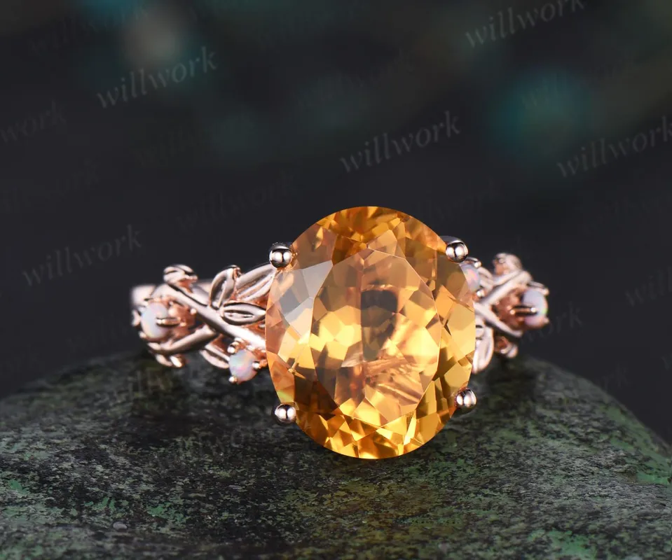 6ct oval cut yellow citrine engagement ring rose gold vintage leaf leaf nature inspired opal ring women unique anniversary gift sold by Willwork Jewelry