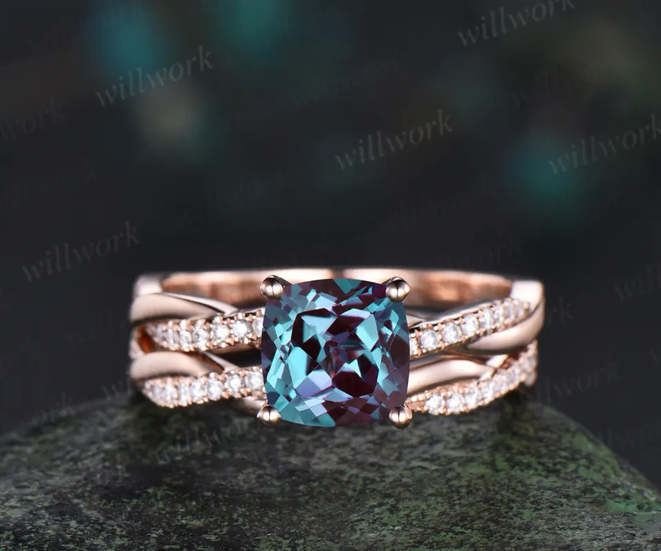 Cushion alexandrite engagement ring set diamond full eternity rose gold wedding band twisted infinity bridal set anniversary gift made by Willwork Jewelry