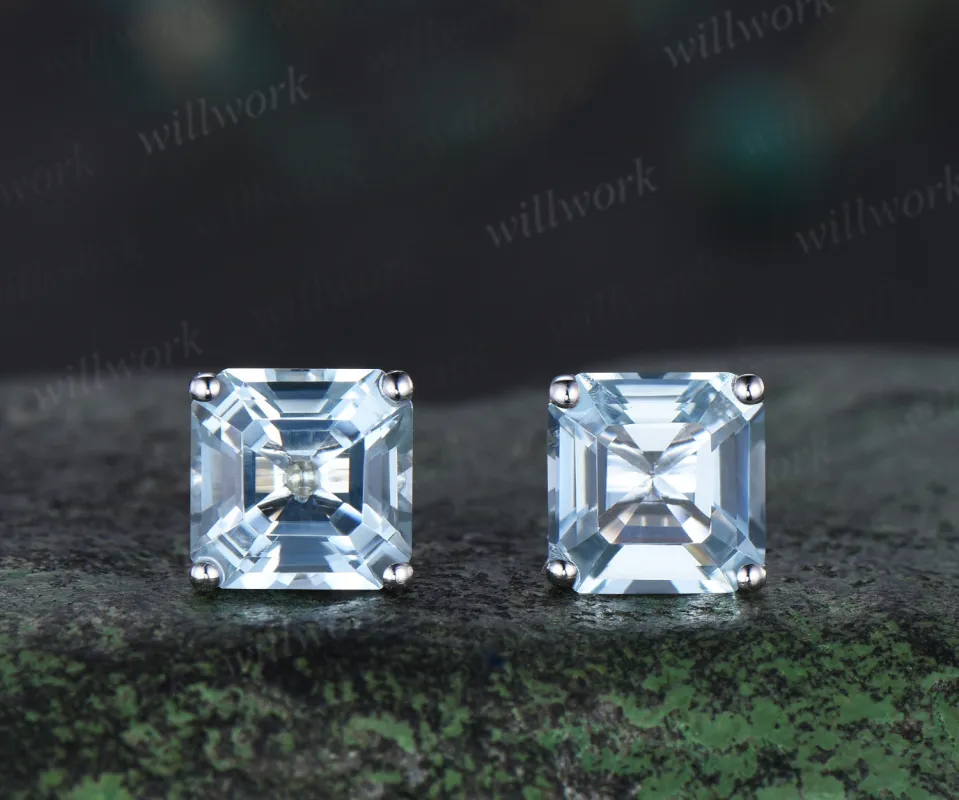 Unique asscher cut aquamarine earrings March birthstone stud earrings solitaire pierced earrings gifts for her made by Willwork Jewelry
