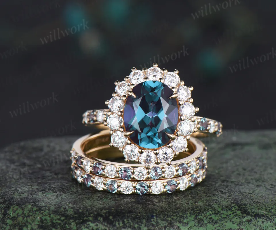 8x10mm oval cut alexandrite halo engagement ring set color change gemstone moissanite half eternity band vintage bridal set sold by Willwork Jewelry