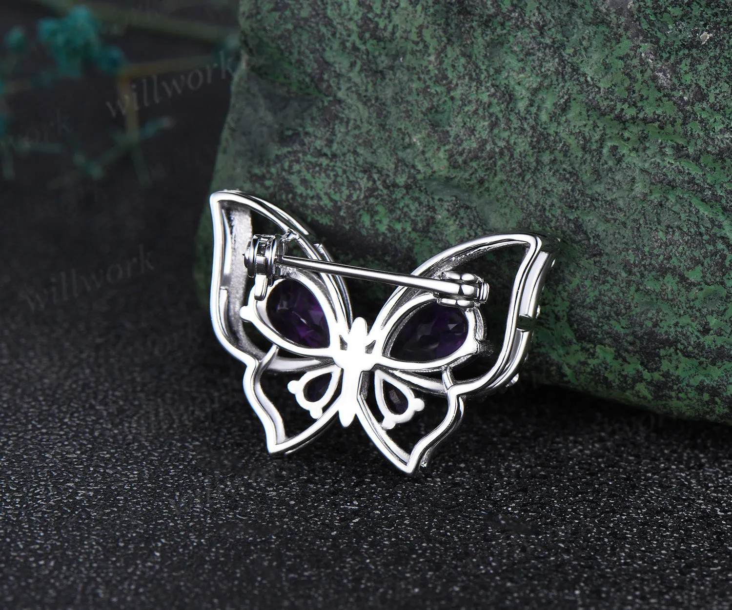 Pear cut amethyst butterfly brooch pave moissanites lapel pins elegant butterfly brooch for women jewelry gifts sold by Willwork Jewelry product image thumbnail 3