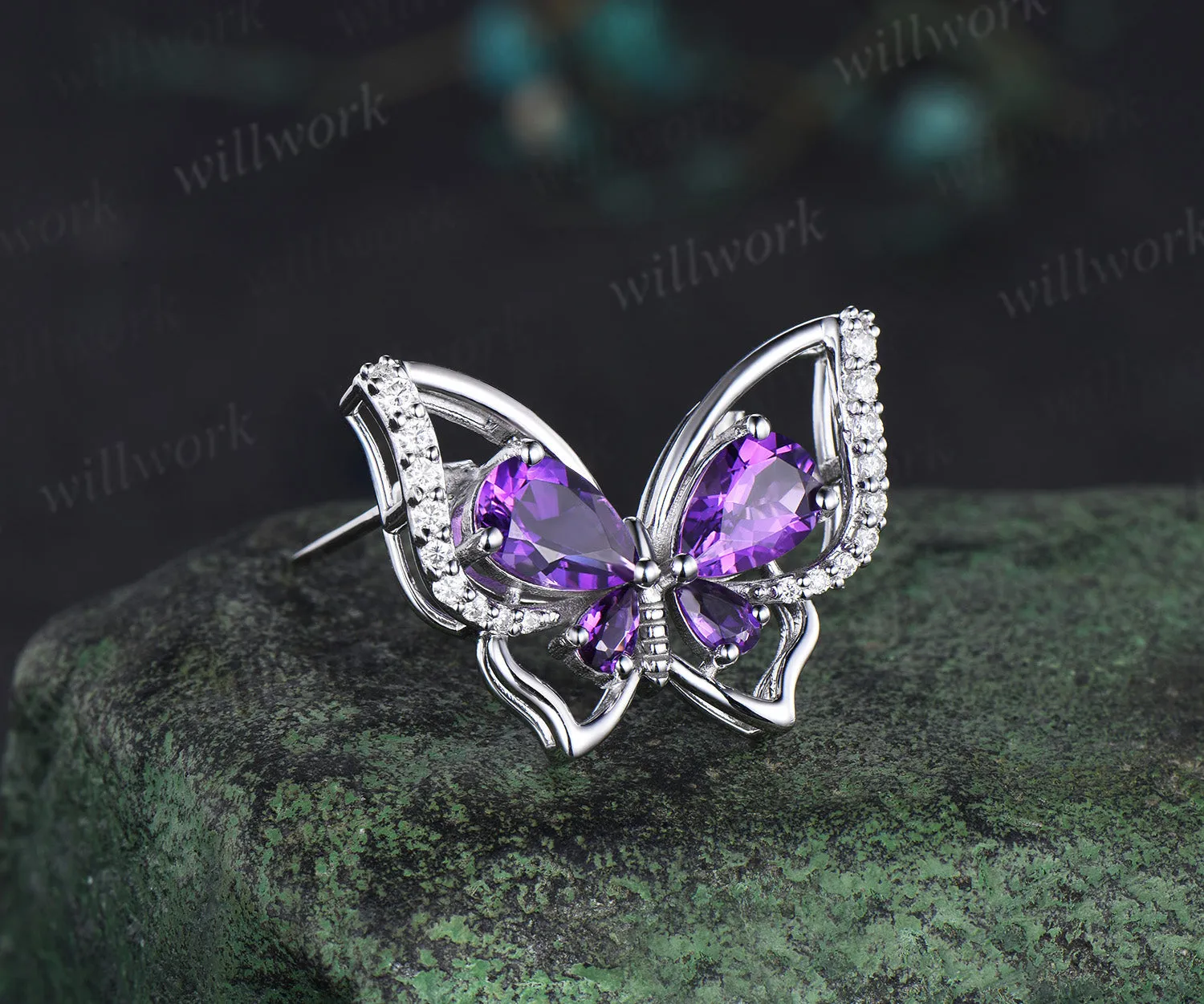 Pear cut amethyst butterfly brooch pave moissanites lapel pins elegant butterfly brooch for women jewelry gifts sold by Willwork Jewelry product image thumbnail 2