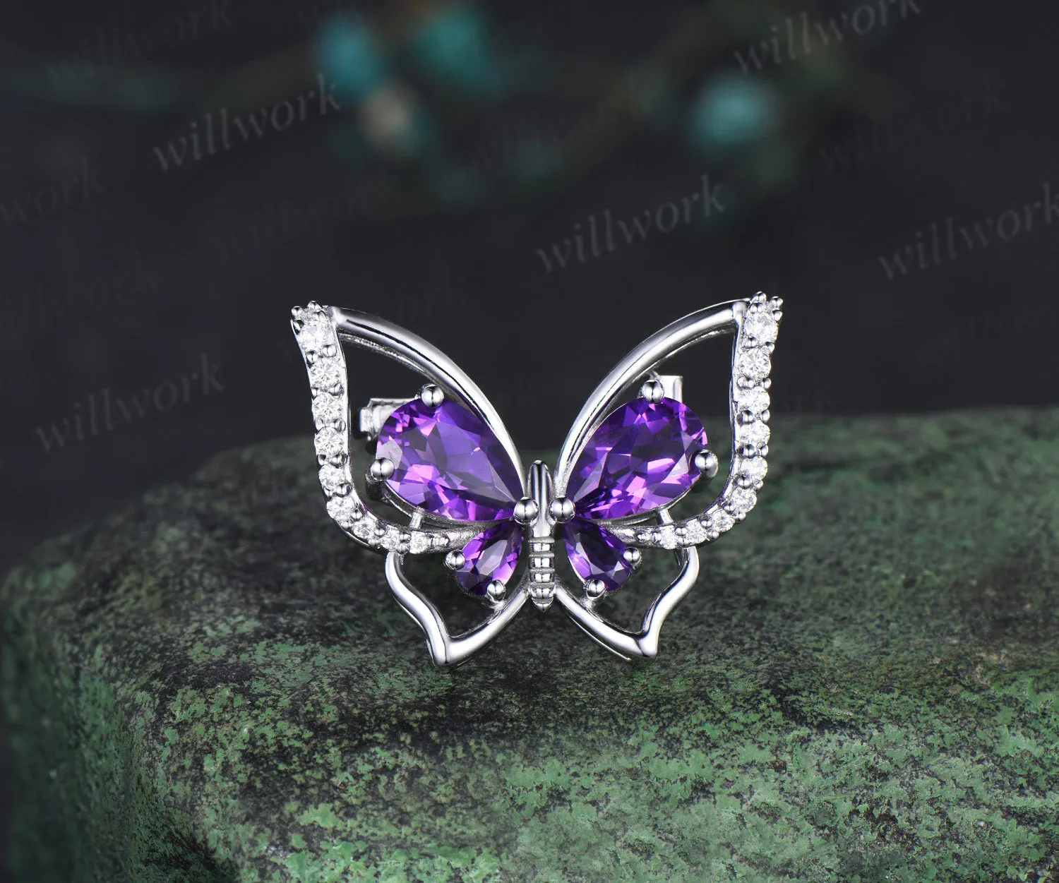 Pear cut amethyst butterfly brooch pave moissanites lapel pins elegant butterfly brooch for women jewelry gifts sold by Willwork Jewelry