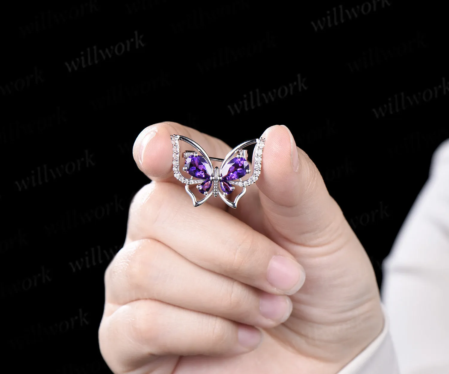Pear cut amethyst butterfly brooch pave moissanites lapel pins elegant butterfly brooch for women jewelry gifts sold by Willwork Jewelry product image thumbnail 5