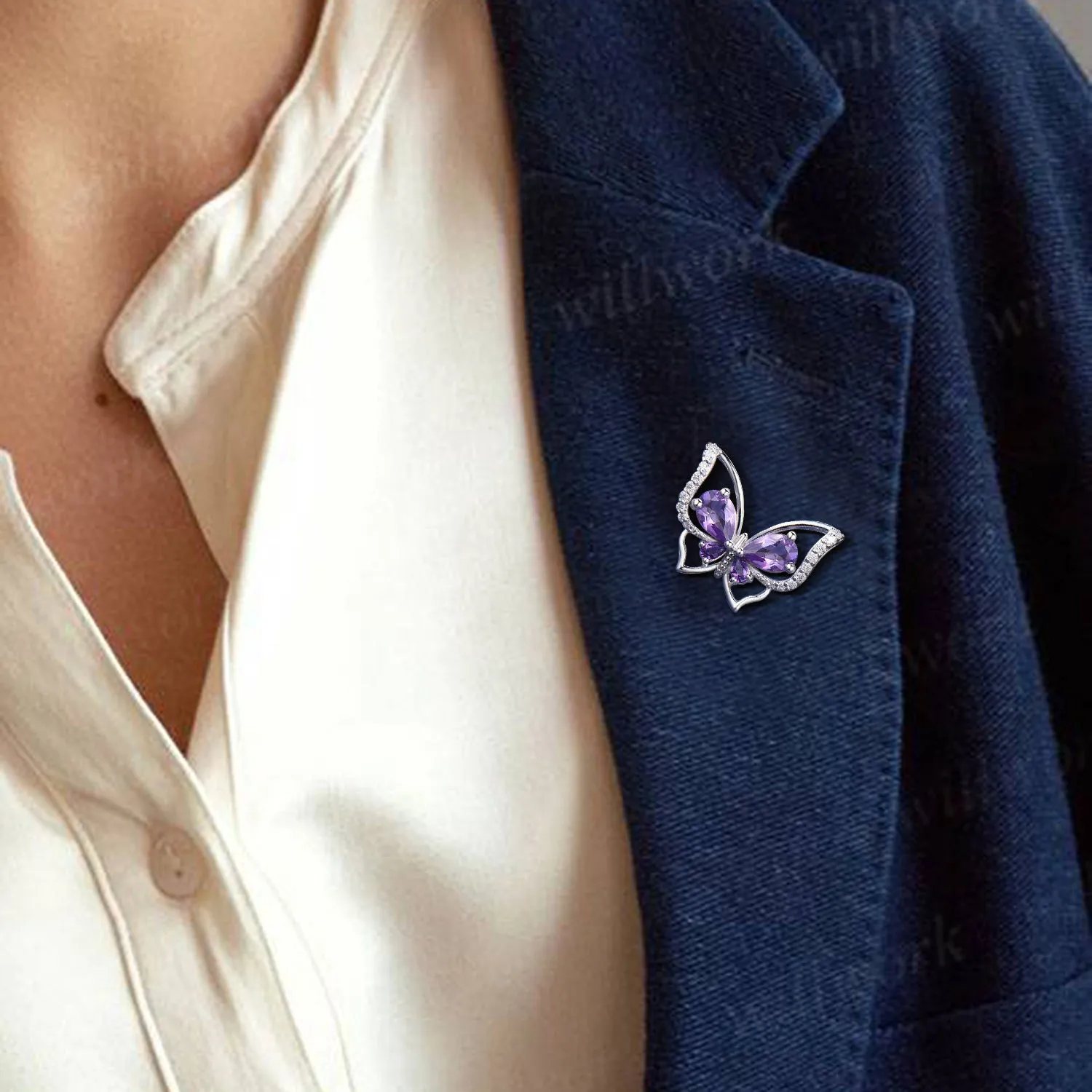 Pear cut amethyst butterfly brooch pave moissanites lapel pins elegant butterfly brooch for women jewelry gifts sold by Willwork Jewelry product image thumbnail 4