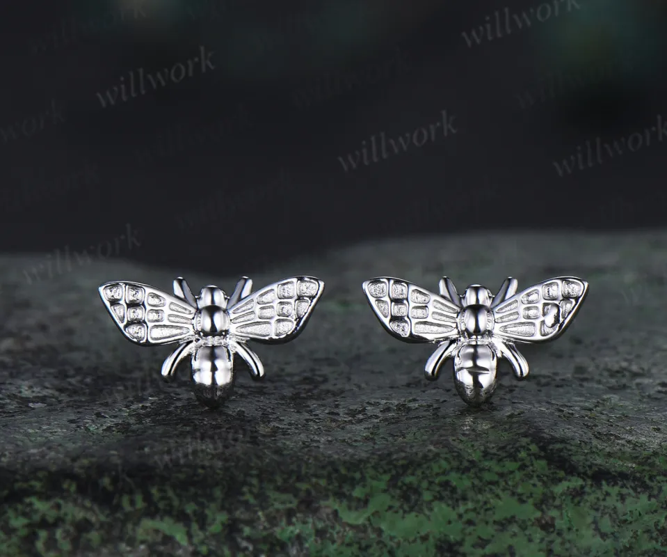 Cute bee stud earrings nature-inspired solid 14k white gold piercing earrings unique insect jewelry gifts for her sold by Willwork Jewelry